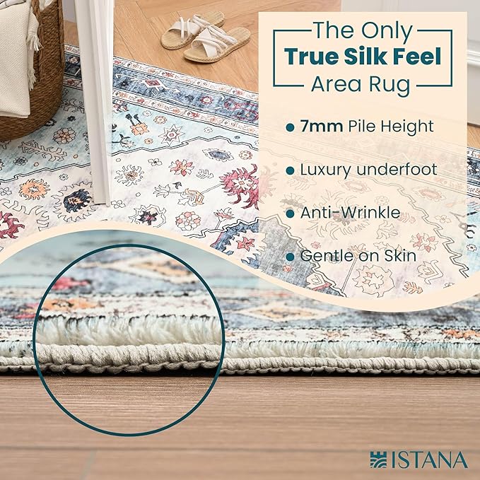 Istana 3x5 Washable Rug - White Cream/Blue Area Rug - Foldable Small Area Rugs 3x5 - Non Shedding Floor Rugs for Home - Washable Rugs - Rug Non Slip W/Soft Microfiber