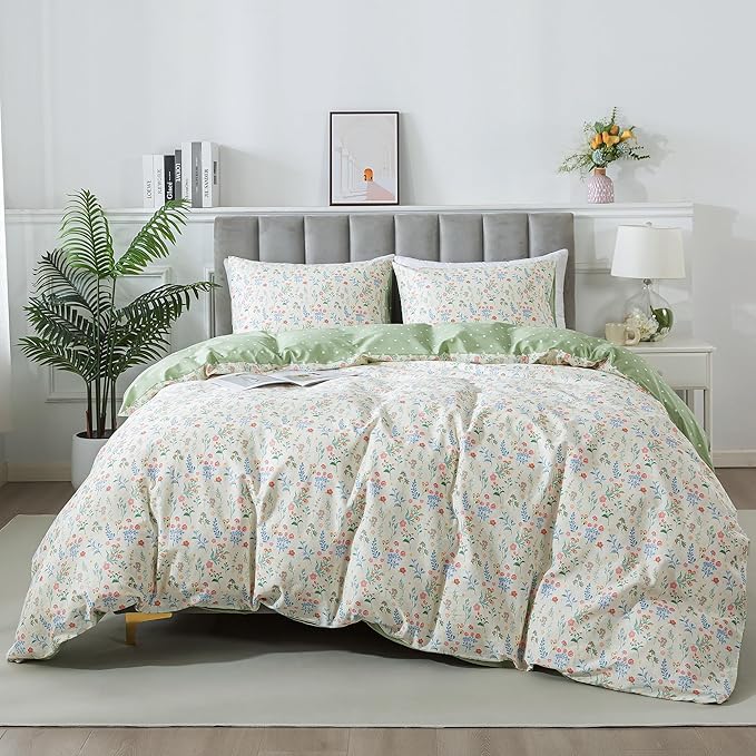 HoneiLife Duvet Dover Queen Size - 100% Cotton Bedlinen Set, Floral Comforter Cover with Zipper Closure & Corner Ties, 3-PC Wildflower Comforter Cover Sets