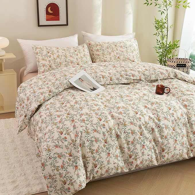 ECOCOTT Floral Duvet Cover Queen Size – 3 Piece 100% Washed Cotton Bedding Set with Zipper Closure, Soft Lightweight Breathable Botanical Print Comforter Cover for Spring Summer Bedroom Decor