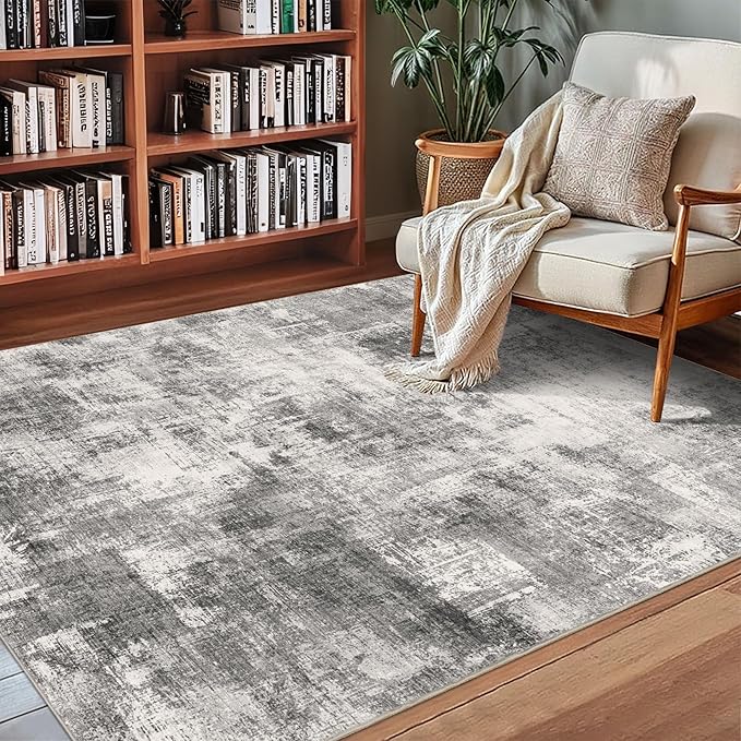 3x5 Modern Abstract Rug Washable Area Rugs for Living Room Bedroom Dining Room Non-Slip Low Pile Neutral Large Rug Soft Indoor Floor Carpet, Gray