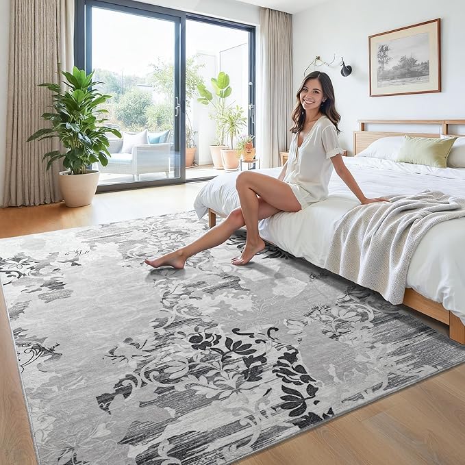 Keeko 5x7 Area Rugs for Living Room, Modern Abstract Floral Pattern Rugs for Bedroom, Soft Washable Rug with Non-Slip Backing Low-Pile Non-Shedding Carpet for Kitchen Home Office Dining Table - Grey