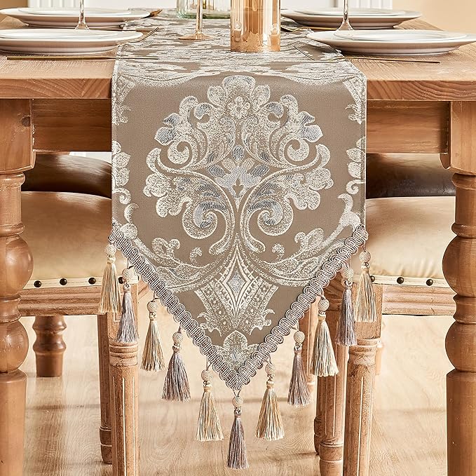 Loom and Mill Luxury Table Runner for Home Decor, Jacquard Floral Dining Table Runner with Tassels, 90 inches Long Damask Runner for Dining Dresser Party Banquet Decorations(Light Coffee, 13*90 inch)