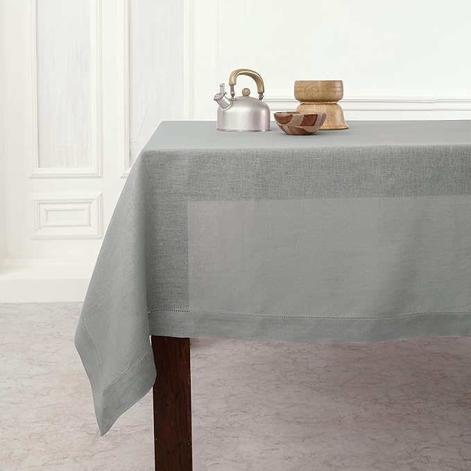 Solino Home Linen Soft Grey Tablecloth 60 x 144 Inch - Classic Hemstitch, 100% Pure Linen Rectangular Tablecloth - Machine Washable Table Cloth for Fall, Autumn, Thanksgiving, Christmas, Winter