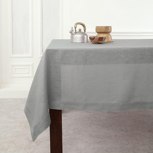 Solino Home Soft Grey Linen Tablecloth 52 x 52 Inch - 100% Pure Linen Square Table Throw - Classic Hemstitch, Machine Washable Table Cloth for Fall, Autumn, Thanksgiving, Christmas, Winter