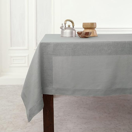 Solino Home Linen Soft Grey Tablecloth 60 x 132 Inch - Classic Hemstitch, 100% Pure Linen Rectangular Tablecloth - Machine Washable Table Cloth for Fall, Autumn, Thanksgiving, Christmas, Winter