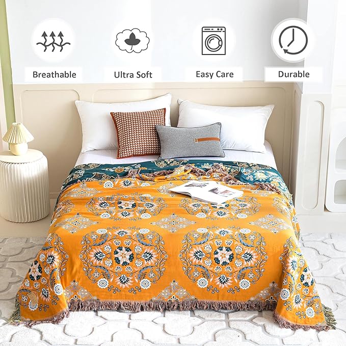 Boho Throw Blanket for Bed - 100% Cotton Ultra Soft Rustic Quilt Fall Blanket - Floral Printed Farmhouse Decor Bed Blankets,90"×98" All Season Rustic Throw for Sofa Couch Chair