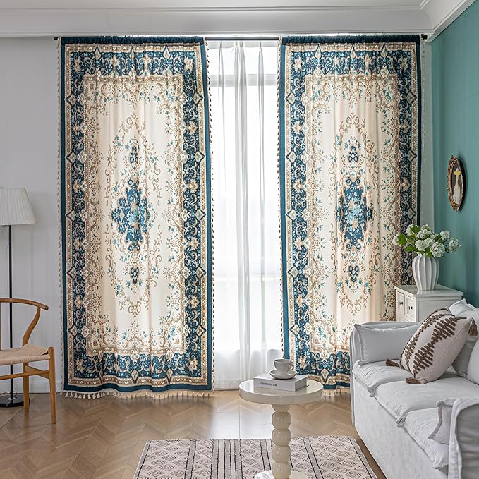 Popular Handicrafts Printed Curtains for Living Room 102 Inches Long Indian Hippie Bohemian Curtains Rod Pocket Light Filtering 2 Panels, Navy