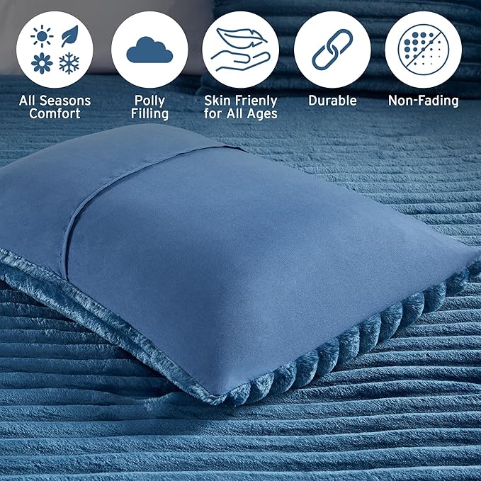 Intelligent Design Queen Comforter Set, Cozy Plush Bedding, Microfiber Reverse, 3 Piece, Lightweight, Super Soft Ribbed Velvet Comforter 2 Shams, All Season Fluffy Bed Set, Avril, Full/Queen Blue
