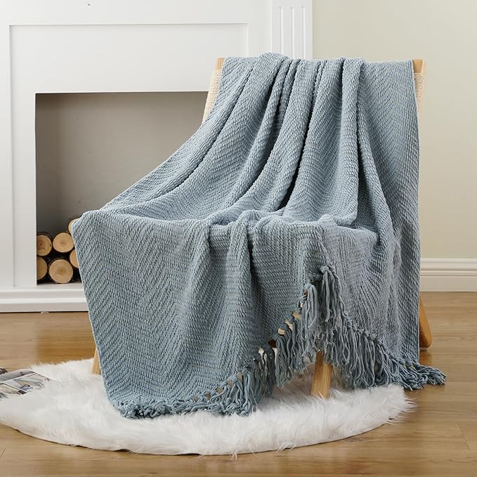 BATTILO HOME Bluish Grey Chenille Throw Blanket for Couch, Knit Throw Blanket,Super Soft Warm Home Decor Throw Blanket with Tassels for Bed,Sofa and Living Room,50" x 60"