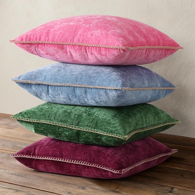 decorUhome Christmas Chenille Soft Throw Pillow Covers 18x18 Set of 2, Farmhouse Velvet Neutral Decorative Euro Pillow Covers with Stitched Edge for Couch Sofa Bed Home Decor, Green