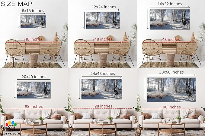 GUTTATY Christmas Winter Scene Canvas Wall Art, Snowy Forest Birch Tree Canvas Prints, Serene Blue White Painting, Peaceful Landscape Poster Picture for Living Room Bedroom Office, 32x16 Inch