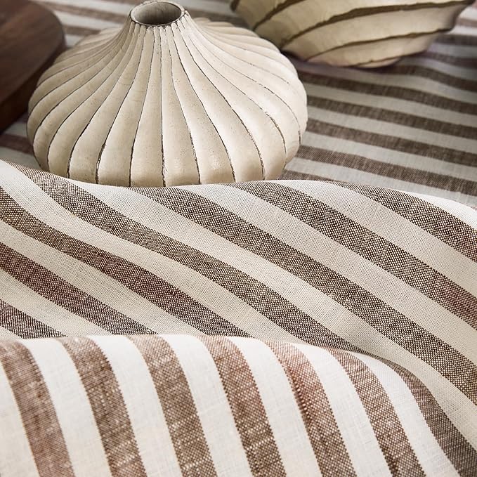 Solino Home Linen Tablecloth 60 x 108 Inch - Amalfi Stripe 100% Pure Linen Brown and Cream Table Cloth for Rectangle Tables - Machine Washable Tablecloth for Fall, Autumn, Thanksgiving