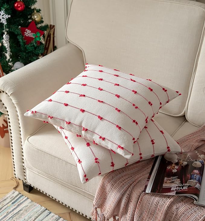 Caflife Boho Christmas Throw Pillow Covers 20x20 inches Beige and Red, Set of 2 Modern Farmhouse Holiday Decorative Pillow Covers for Couch Sofa Bed, Living Room