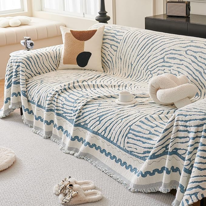 ROOMLIFE Thicked Striped Couch Cover with Tassel Blue Chenille Sofa Cover Blanket for Sectional Sofa, Soft Sofa Slipcovers for L Shaped Love Seat 2-3 Cushion Couch Anti Slip Sofa Protector, 71"x150"