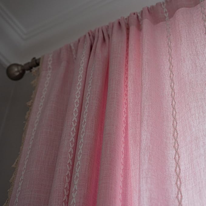 Sutuo Home Boho Curtain for Bedroom 84 Inch Length, Light Filtering Farmhouse Shabby Chic Tassels Window Treatment Bohemian Embroidery Drape, Rod Pocket 1 Panel 52" W x 84" L, Pink