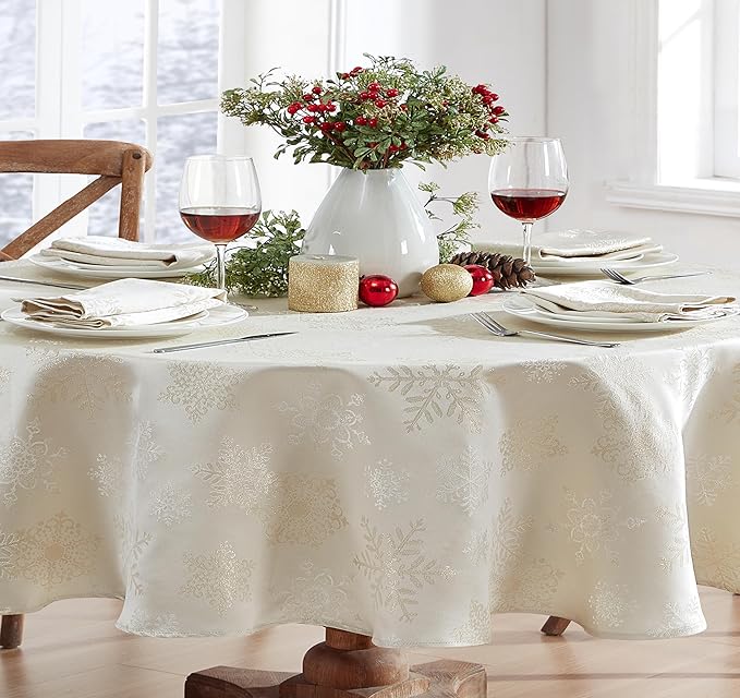 Newbridge Fancy Metallic Snowflake Christmas Fabric Napkins, Set of 4, Ivory Gold, No-Iron Soil Resistant Sparkling Snowflakes Woven Holiday Cloth Napkins