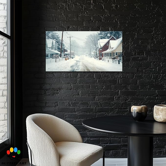 GUTTATY Christmas Winter Scene Canvas Wall Art, Snowy Neighborhood Pictures, Home Canvas Artwork, Subtle Poster Print, Cozy Wall Decor for Living Room, Bedroom, Holiday Hanging Artwork, 48x24 Inch
