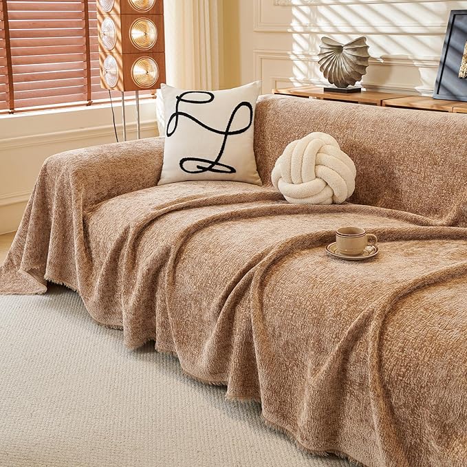 ROOMLIFE Boho Khaki Couch Cover for Dogs, Washable Non Slip Furniture Protector Couch Sofa Covers for 3 Cushion Couch, Soft Chenille Sofa Slipcovers Couch Cover Throw Blanket with Tassels 71''X134''