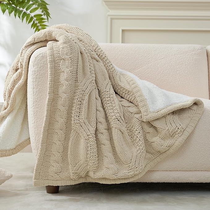 Amélie Home Cable Knit Throw Blanket for Couch, Chenille Sherpa Soft Cozy Throw Blankets for Sofa Chair Comfortable Home, 50"x60", Beige