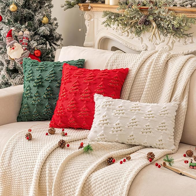 AQOTHES Christmas Tree Decorative Green White Throw Pillow Covers 18x18 Set of 2, Faux Fur Farmhouse Throw Pillows Cushion Cases for Xmas Winter Holiday Home Decor