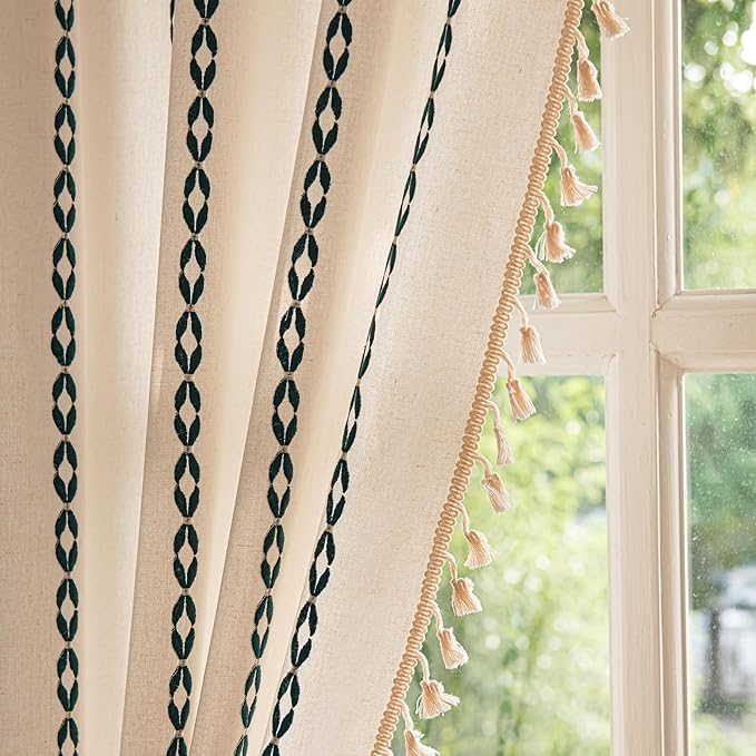 Sutuo Home Boho Curtains 108 Inches Long, Bohemian Drape for Bedroom Living Room, Privacy Country Semi Blackout Farmhouse for Christmas Decor Rod Pocket, 1 Panel W52 x L108 White and Hunter Green