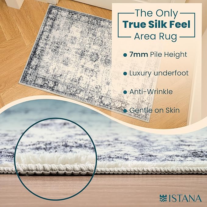 Istana Rug 2x3 - Navy Area Rugs - Foldable Rug for Bedroom Floor - Non-Shedding Washable Anti-Slip Carpet for Bedroom - Easy to Clean Carpets for Bedrooms with Soft Microfiber