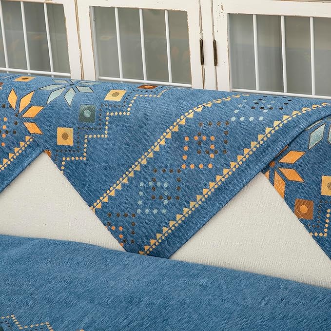 Boho Chenille Couch Covers,Geometric Couch Covers for Sofa,Chenille Couch Cover Non Slip,Sectional l Shaped Sofa Furniture Protector Cover for Home Decor,Blue_Chaise 35x63in/90x160cm