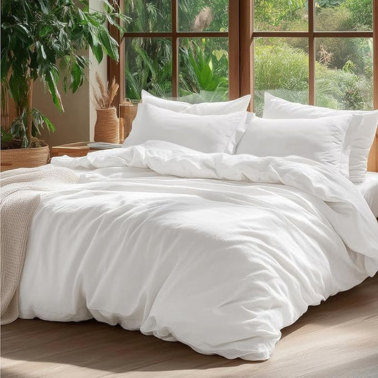 Bedsure 100% Washed Cotton Duvet Cover King Size - Natural White Minimalist Cotton Duvet Cover Linen Like for All Seasons - GentleSoft™ Plain Simple Bedding (Natural White, King, 104"x90")