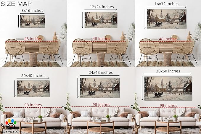 GUTTATY Winter Christmas Canvas Wall Art, Snow Village Scene Canvas Prints, Classic Church Horse Sleigh Wall Painting, Country Winter Pictures Decor for Living Room, Farmhouse, Entryway, 24x12 Inch