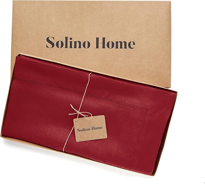 Solino Home Red Linen Tablecloth 60 x 144 Inch - 100% Pure Linen Hemstitch Table Cloth for Rectangle Tables - Classic Hemstitch, Machine Washable Tablecloth for Christmas, Winter