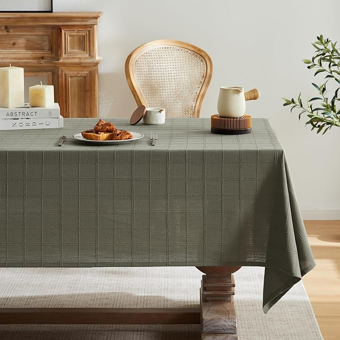 ZeeMart Linen Checked Table Cloth, Farmhouse Style Plaid Embroidered Green Tablecloth, Water Resistant Rectangle Table Cloth, Olive 52x70 Inches