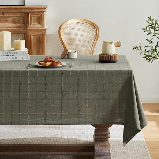 ZeeMart Linen Checked Table Cloth, Farmhouse Style Plaid Embroidered Green Tablecloth, Water Resistant Square Table Cloth, Olive 60x60 Inches