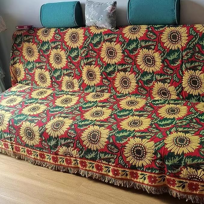 Red Sunflower Throw Blanket with Fringe Boho Throw Blankets Recliner Chair Couch Sofa Cover Woven Reversible Cotton Bohemian Tapestry Hippie Room Home Decor Double Side 70"x90"