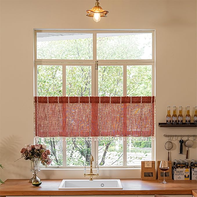 Sutuo Home Boho Valance Short Curtains For Windows Tier, Bohemian Linen Tassles Light Filtering Vintage French Country Window Treatment Fall Curtain Drape, Rod Pocket 1 Panel 52" W x 18" L, Terracotta