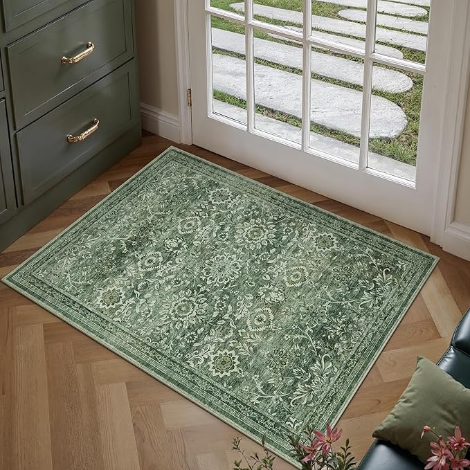 2x3 Entryway Carpet Green Vintage Indoor Non Slip Area Rug Kitchen Washable Door Mat Living Room Entrance Small Low Pile Traditional Distressed Retro Floral Accent Throw Rug Office Bathroom