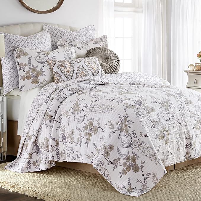 Levtex Home Pisa Reversible Twin XL/Twin Quilt Set (68x86in) with 1 Pillow Sham (26x20in) - Floral Peacock - Grey, Taupe - 100% Cotton Twin Size Quilt Bedding Set - Lightweight, Soft, Pre-Washed