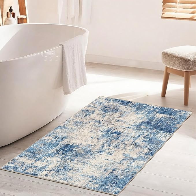 2x3 Modern Abstract Rug Washable Area Rugs for Living Room Bedroom Dining Room Non-Slip Low Pile Neutral Large Rug Soft Indoor Floor Carpet, Blue