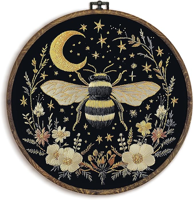 KFXHANGD Celestial Bee Floral Round Wall Art Framed, Gothic Bee Moon Canvas Wall Art Decor, Witchy Bumble Bee Botanical Hanging Decor for Bedroom Living Room, 10x10inch