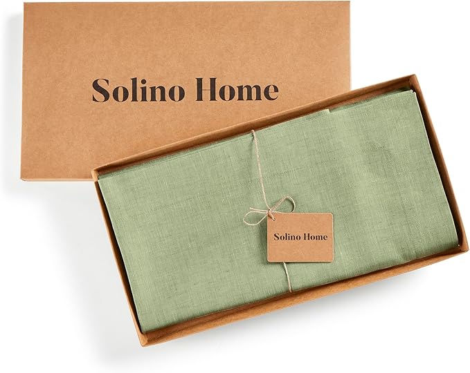 Solino Home Linen Cloth Tablecloth 52 x 52 Inch - 100% Pure Linen Chambray Olive Square Tablecloth - Athena, Machine Washable Table Throw for Fall, Autumn, Thanksgiving