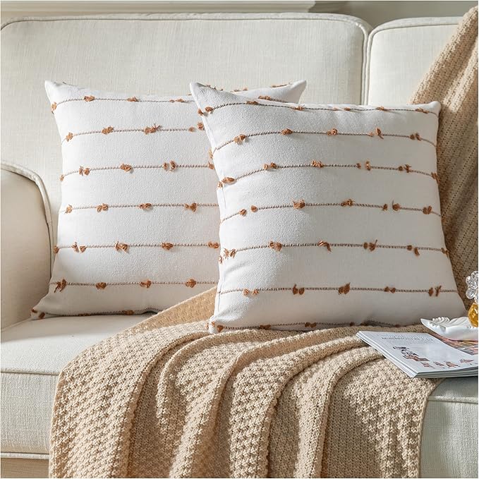 Caflife Boho Throw Pillow Covers 18x18 inches Beige and Brown, Set of 2 Modern Farmhouse Decorative Pillow Covers for Couch Bed, Living Room