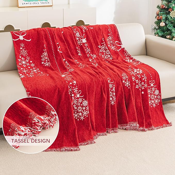 hyha Couch Cover for Dogs, Boho Sofa Covers for 3 Cushion Couch Washable, Chenille Sofa Slipcover for Pets, Soft Loveseat Sectional Couch Throw Blankets with Tassels (Red Snowflakes, 71x150 Inch)