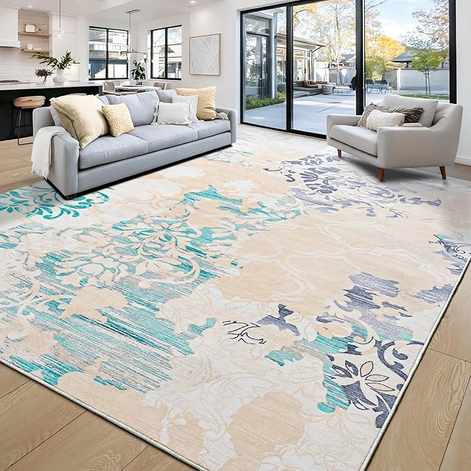 Keeko 8x10 Area Rugs for living Room, Modern Abstract Floral Pattern Rugs for Bedroom, Soft Washable Rug with Non-Slip Backing Low-Pile Non-Shedding Carpet for Kitchen Home Office Dining Table - Beige