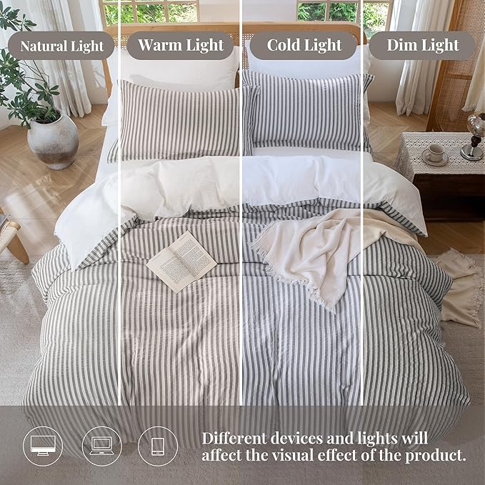 MILDLY Jacquard Stripe Duvet Cover - 100% Washed Cotton Boho Textured Comforter Cover Set 2pcs with Zipper Closure 68"x90"