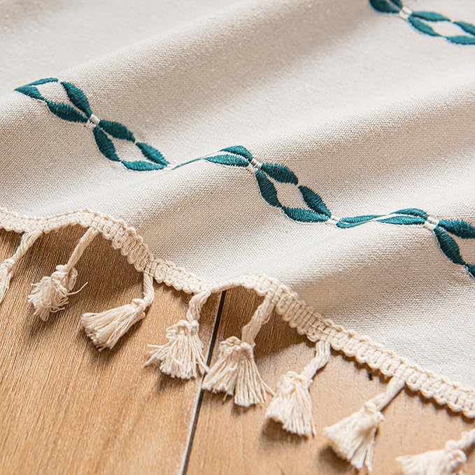Sutuo Home Boho Farmhouse Curtains 72 Inches Long for Living Room Bedroom Bohemian House Drapes Country Style, Textured Stripe Embroidery Privacy, White and Hunter Green 1 Panel W52 x L72