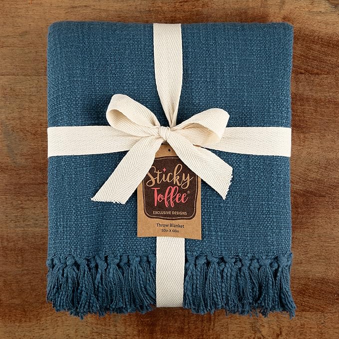 Sticky Toffee Woven Cotton Throw Blanket 60x50 in – Blue Navy Textured Blanket with Fringe for Couch or Bed, Thick and Durable Boho Decorative Throw