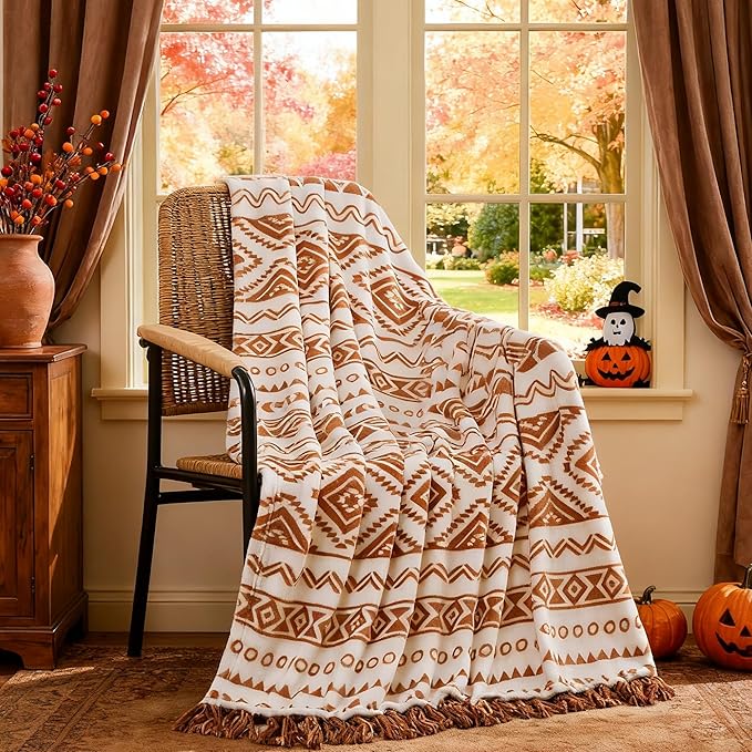 CASAAGUSTO Boho Throw Blanket - Terrcotta Decorative Blankets with Tassel, Printed Flannel Bohemian Blanket for Chair, Bed, Sofa, Couch(60 * 80, Terrcotta)