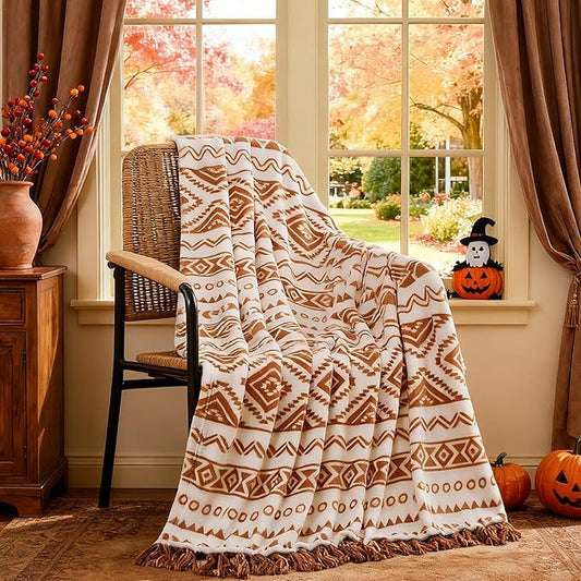 CASAAGUSTO Boho Throw Blanket - Terrcotta Decorative Blankets with Tassel, Printed Flannel Bohemian Blanket for Chair, Bed, Sofa, Couch(50 * 60, Terrcotta)
