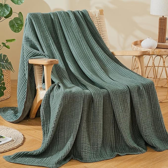 EMME Cotton Muslin Large Throw Blanket Couch Breathable Gauze Soft Lightweight Bed Blankets Adults (Heather Forest Green, 50"x70")