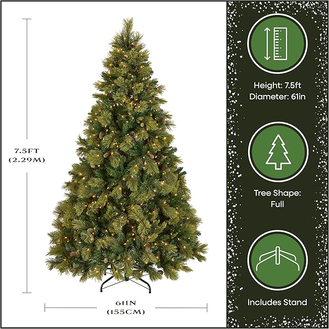 National Tree Company Carolina Pine 7.5 Foot Artificial Holiday Prelit Christmas Tree w/750 Clear Lights, Pinecones, 1399 Branch Tips and Metal Stand
