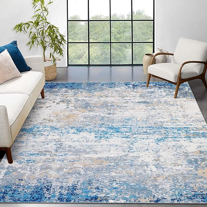 6x9 Modern Abstract Area Rug Non Slip Non Shedding Low Pile Stain Resistant Rug Soft Carpet for Bedroom Living Room, Blue/Grey